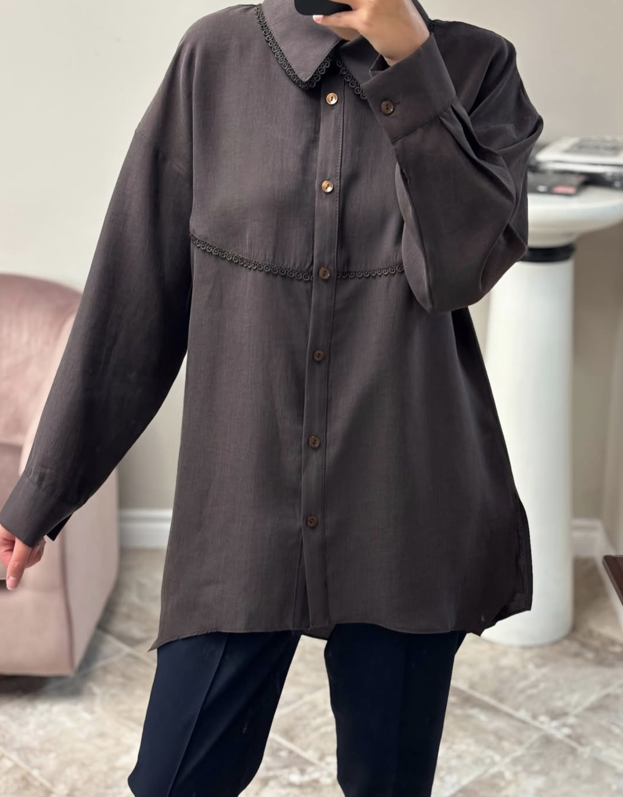 Lace Trim Oversized Button-Up Tunic